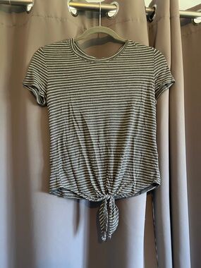 SO Gray and White Striped Tie-Front Crop Top